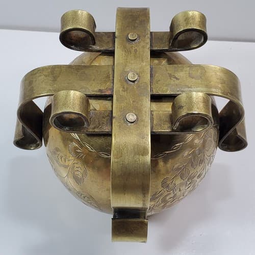 Vtg Small Heavy Brass Footed Bowl Planter Etched Embossed Floral Design Patina - Thumbnail 5