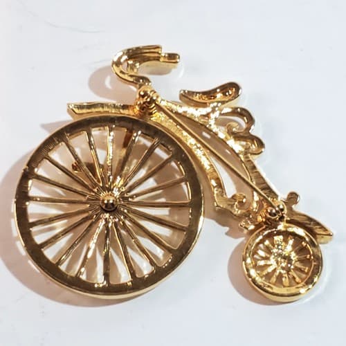 Gold Tone Metal Mechanical Front Wheel Old Fashioned Bicycle Brooch Pin - Thumbnail 2