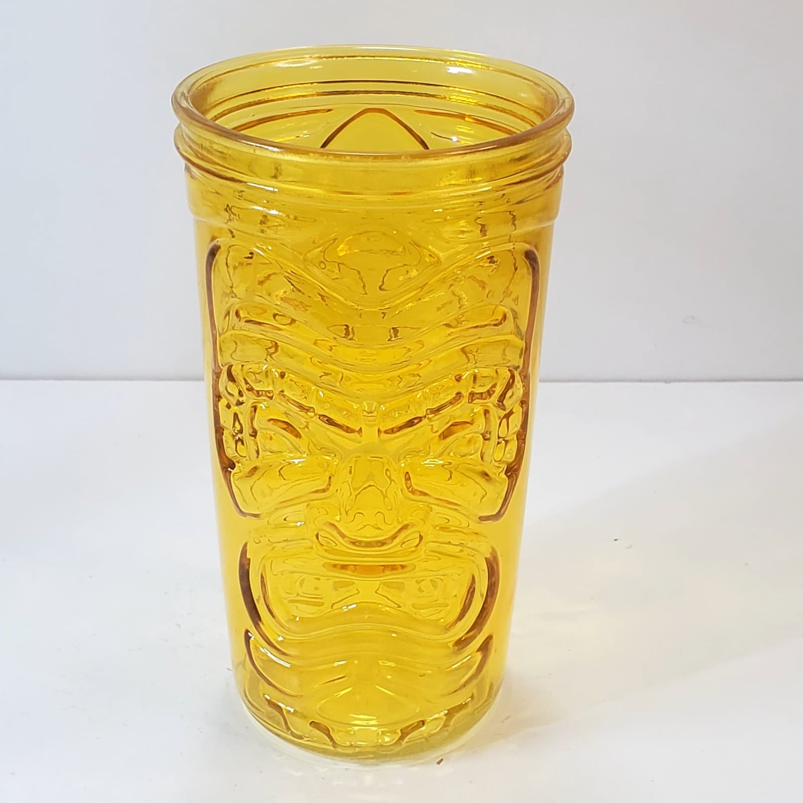 Vtg Tiki Glass Large 20 oz Hawaiian Luau Tumbler Glass Bar Bright Yellow Face - Thumbnail 4