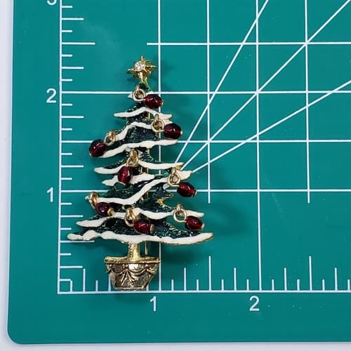 Gold Tone Metal White Green Red Sparkle Enamel Christmas Tree Brooch Pin - Thumbnail 3