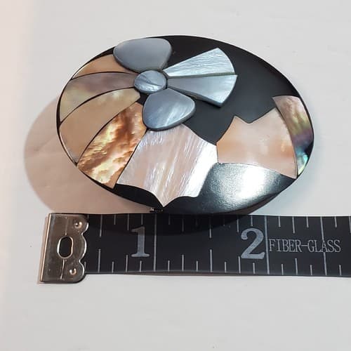 Vtg Lacquered Acrylic with Inlaid Abalone MOP Abstract Woman 3D Bow Brooch Pin - Thumbnail 4