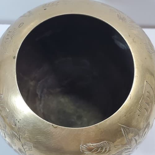 Vtg Small Heavy Brass Footed Bowl Planter Etched Embossed Floral Design Patina - Thumbnail 3