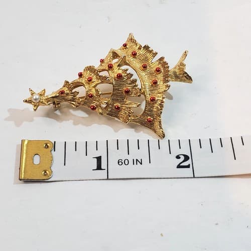 Vintage Gerry's Gold Tone Metal Red Enamel Faux Pearl Christmas Tree Brooch Pin - Thumbnail 4