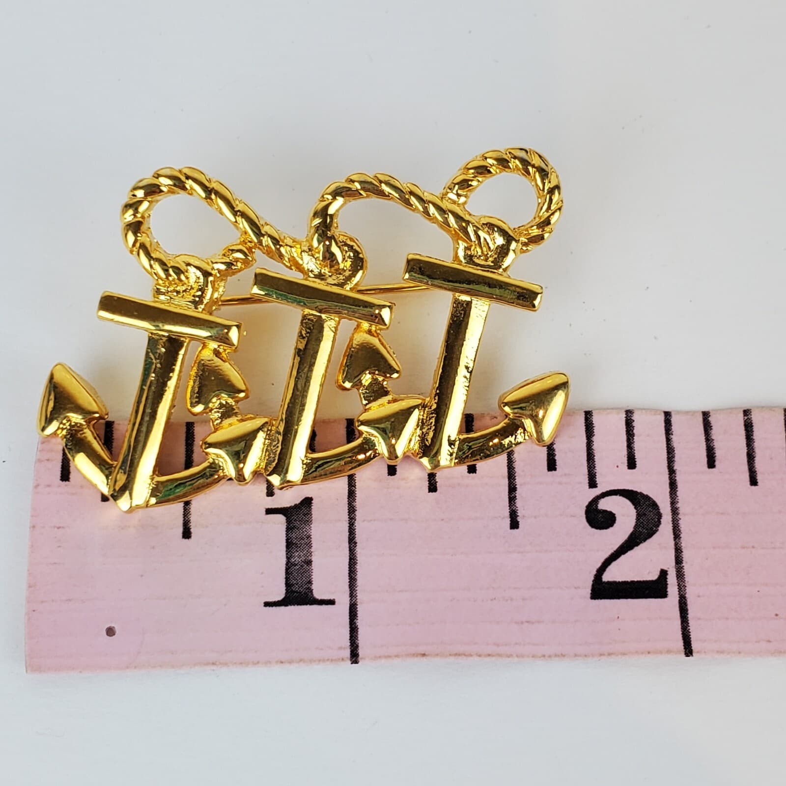 Gold Tone Metal 3 Anchors with Rope Sailing Boating Nautical Brooch Pin - Thumbnail 3