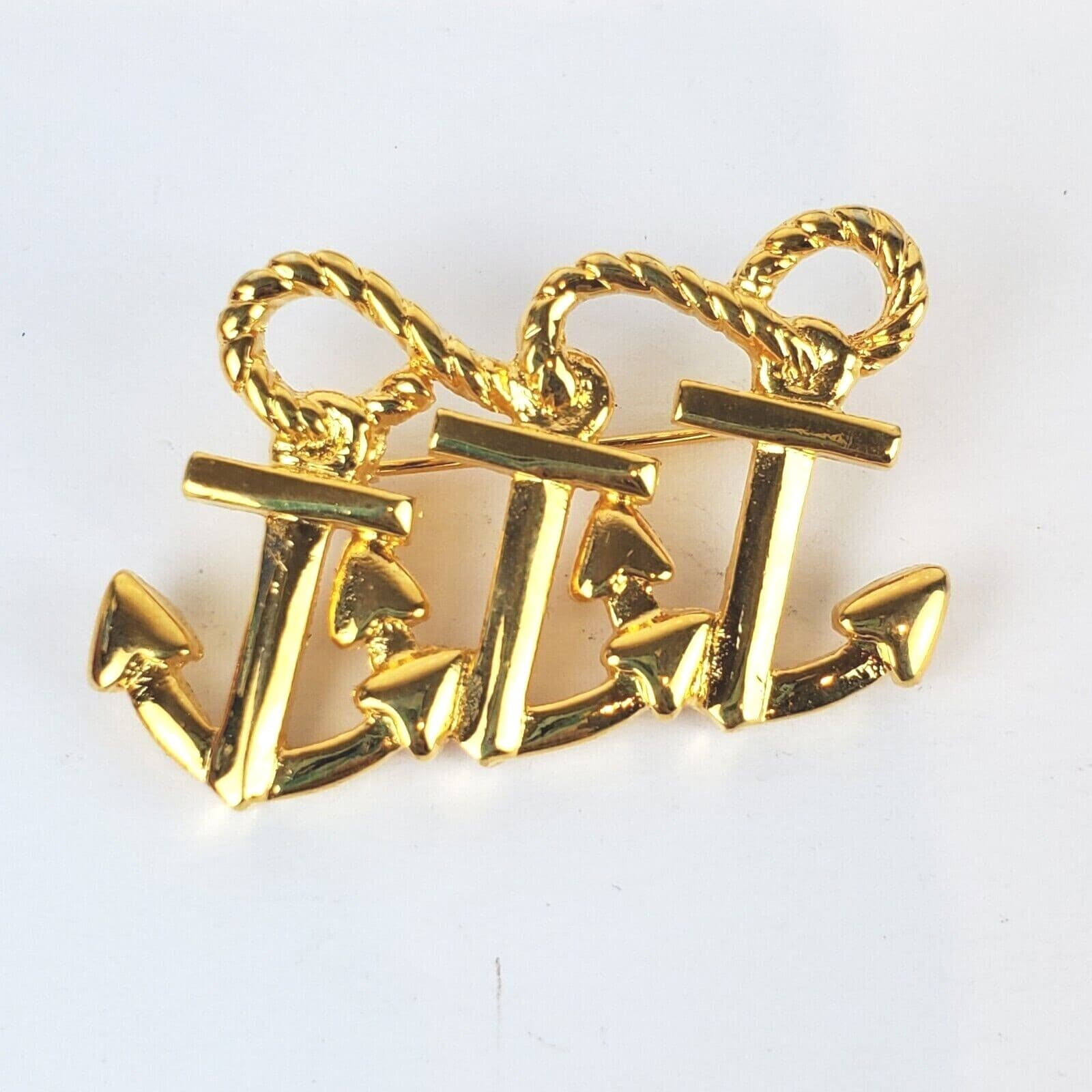 Gold Tone Metal 3 Anchors with Rope Sailing Boating Nautical Brooch Pin