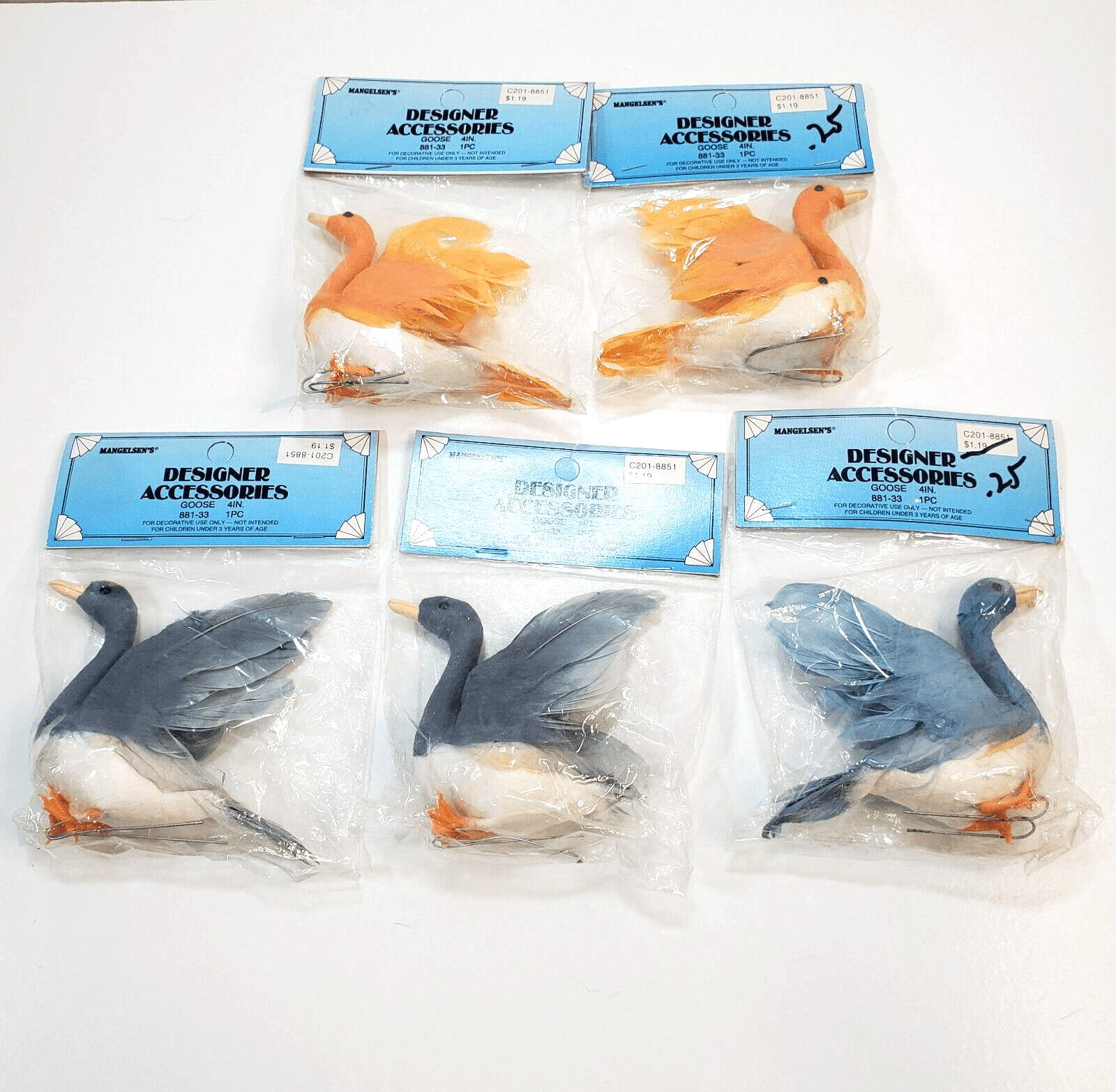 5 pks Vtg Mangelsen's 4" Goose Designer Accessories 881-33 Peach Blue Crafts