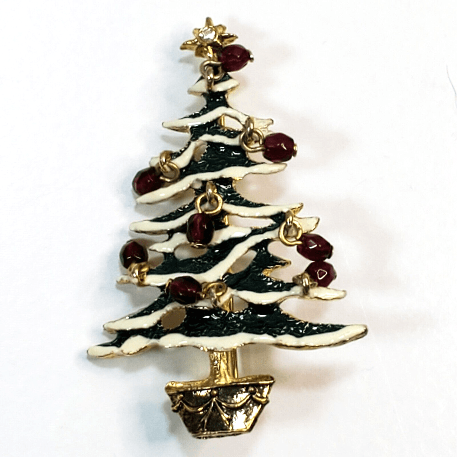 Gold Tone Metal White Green Red Sparkle Enamel Christmas Tree Brooch Pin