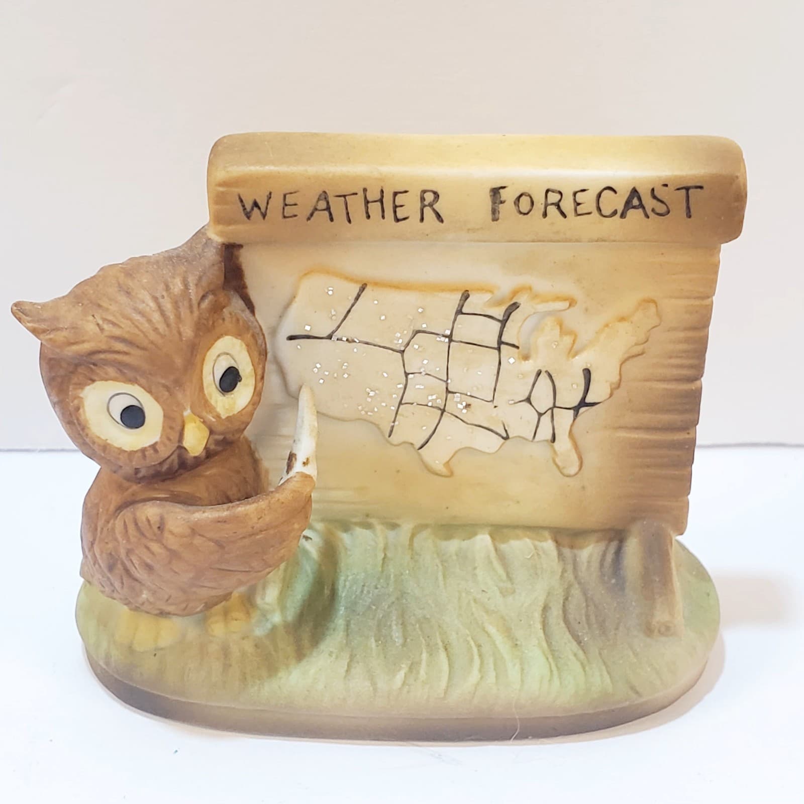 Vintage 1977 Ceramic Owl Weather Man Forecast Meteorologist Figurine Enesco Map