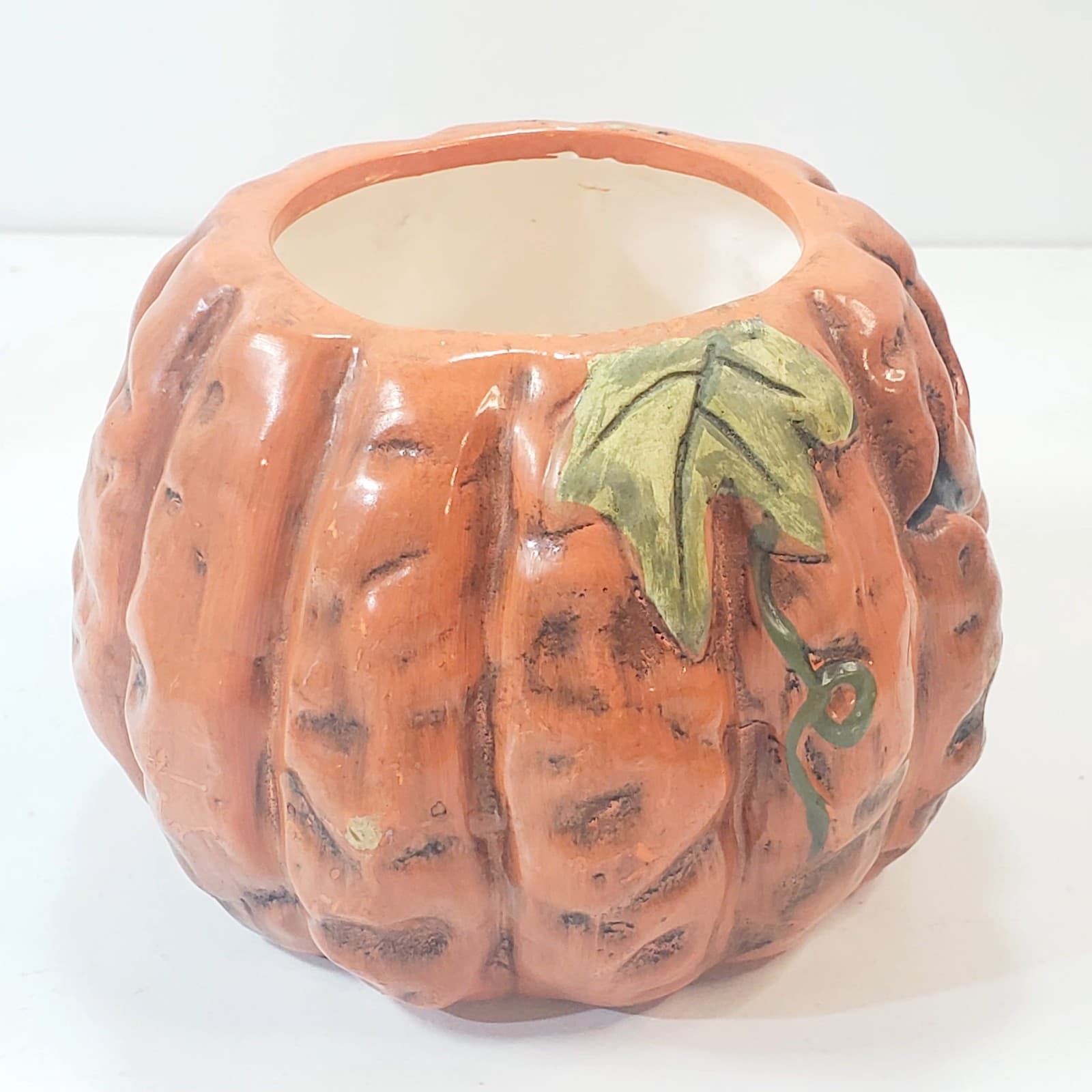 Vtg New Holland Floral Pumpkin Jack O Lantern Ceramic Planter Halloween Candy - Thumbnail 3