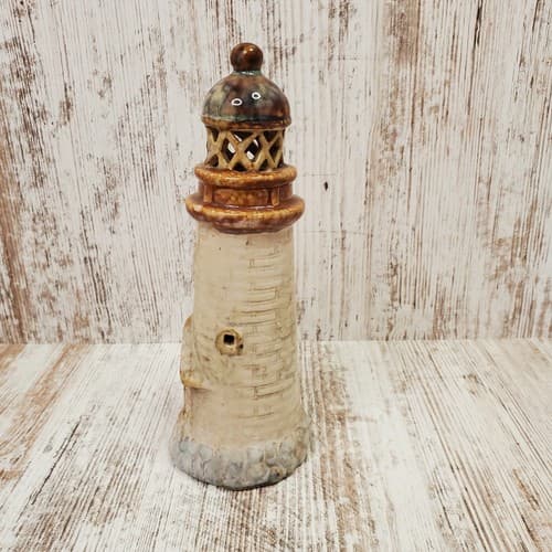 Studio Art Pottery Milky Glaze Stoneware Lighthouse Nautical Beach Decor 8" Tall - Thumbnail 4