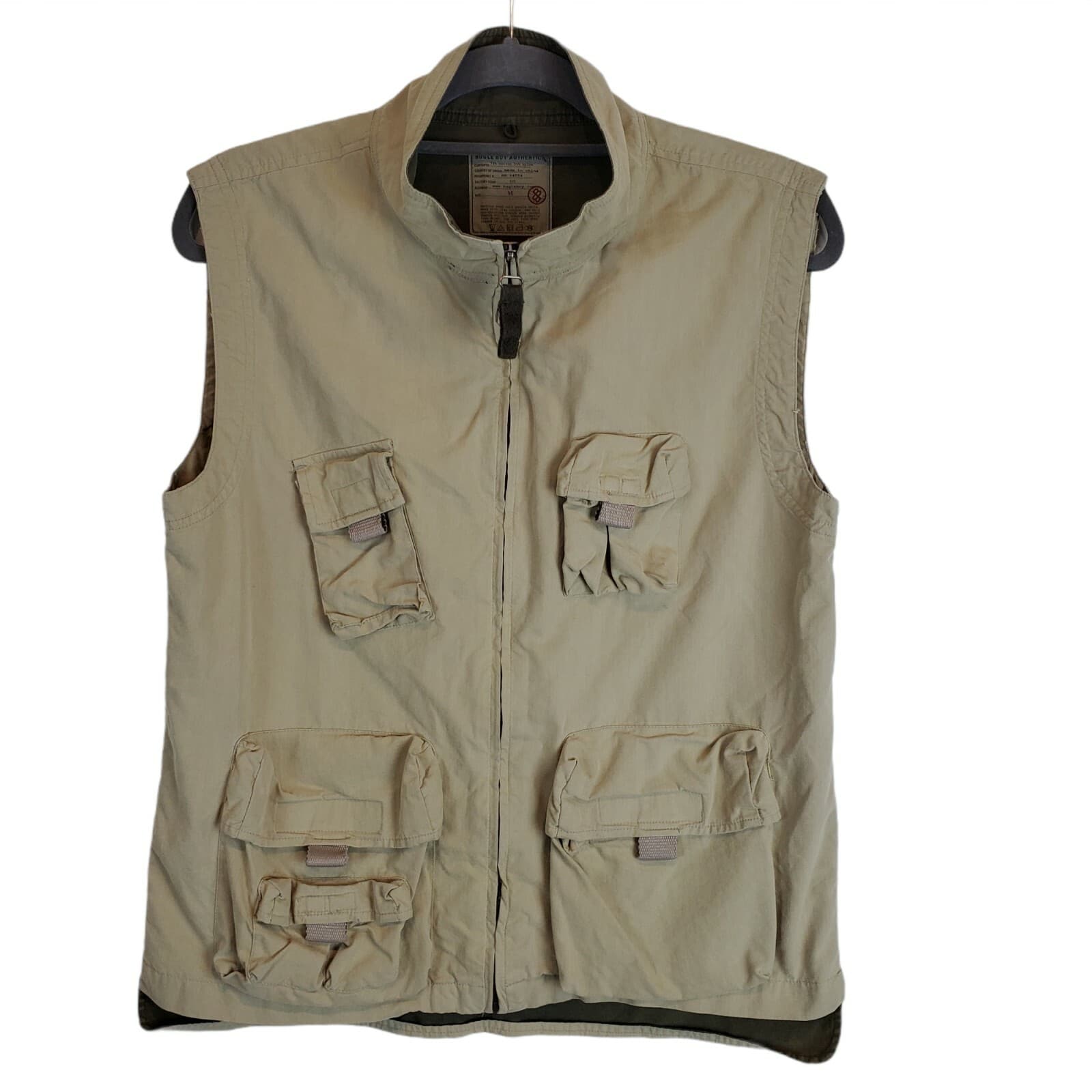 Bugle Boy Beige Khaki Tactical Vest Hunting Fishing Full Zip Cargo Pockets Sz M