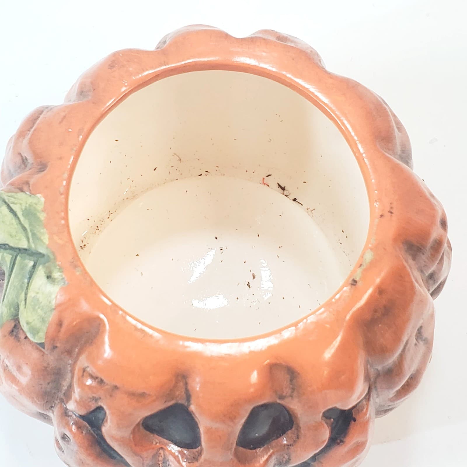 Vtg New Holland Floral Pumpkin Jack O Lantern Ceramic Planter Halloween Candy - Thumbnail 2