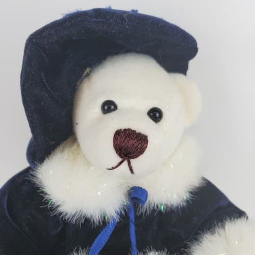 7” White Felted Plush Bear Navy Hat Velvet Dress Faux Fur Trim Bloomers NO TAGS - Thumbnail 3