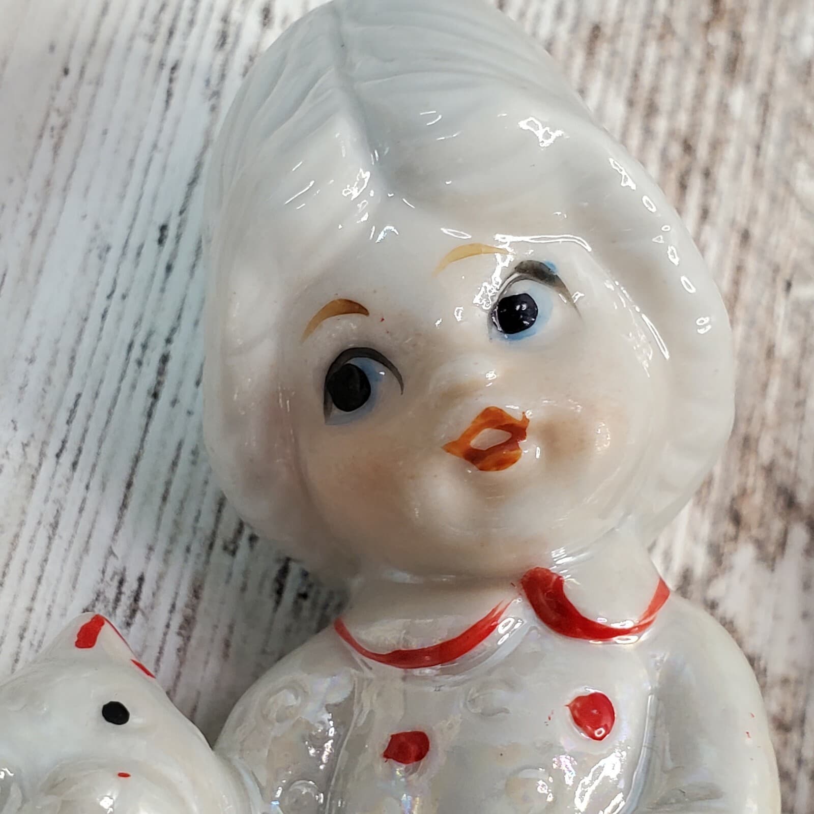 4 Vintage Crown Deville Red & White Lusterware Children with Toys Figurines - Thumbnail 10