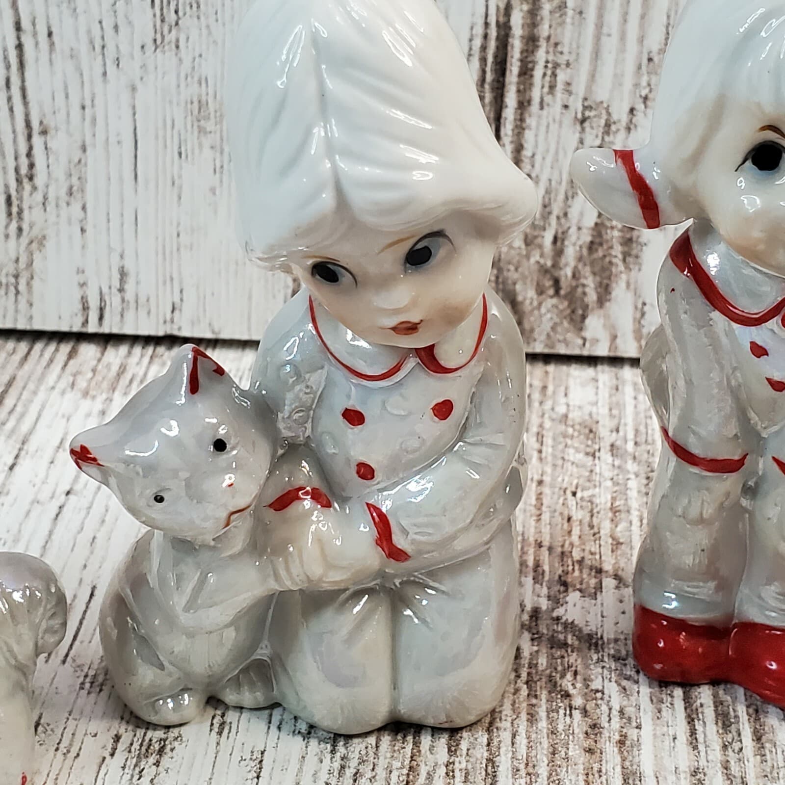 4 Vintage Crown Deville Red & White Lusterware Children with Toys Figurines - Thumbnail 3