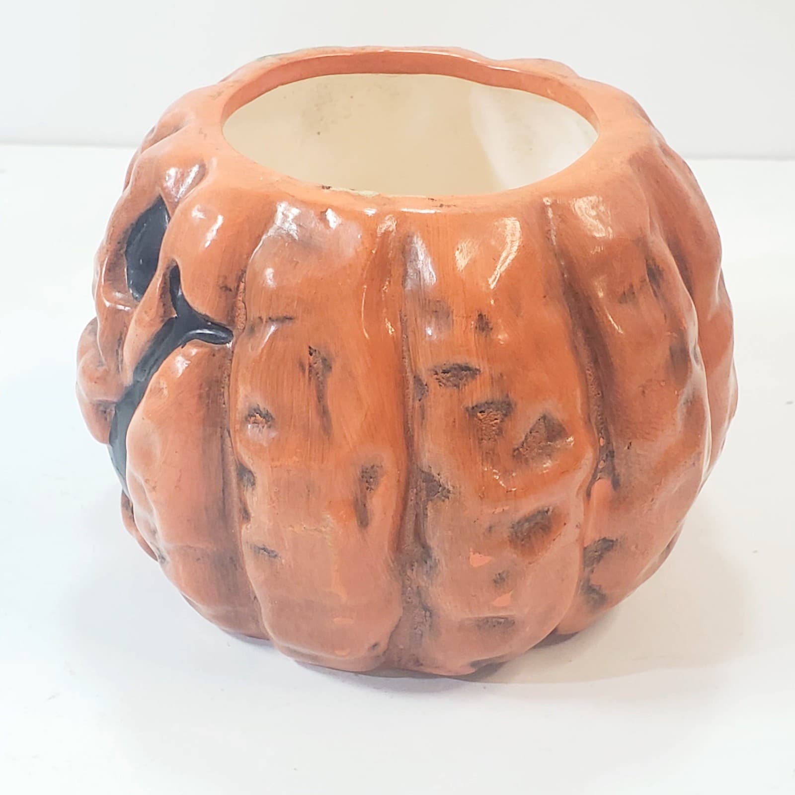 Vtg New Holland Floral Pumpkin Jack O Lantern Ceramic Planter Halloween Candy - Thumbnail 5