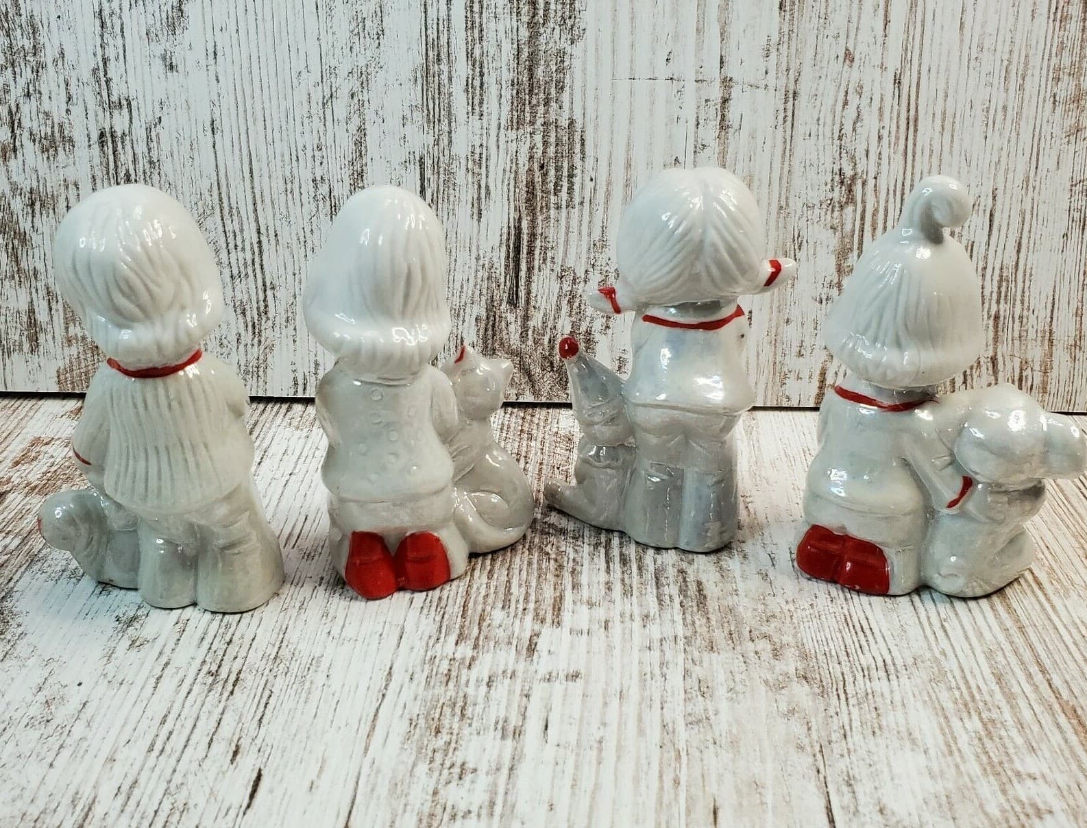 4 Vintage Crown Deville Red & White Lusterware Children with Toys Figurines - Thumbnail 6