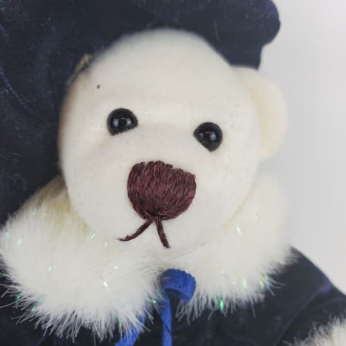 7” White Felted Plush Bear Navy Hat Velvet Dress Faux Fur Trim Bloomers NO TAGS - Thumbnail 2