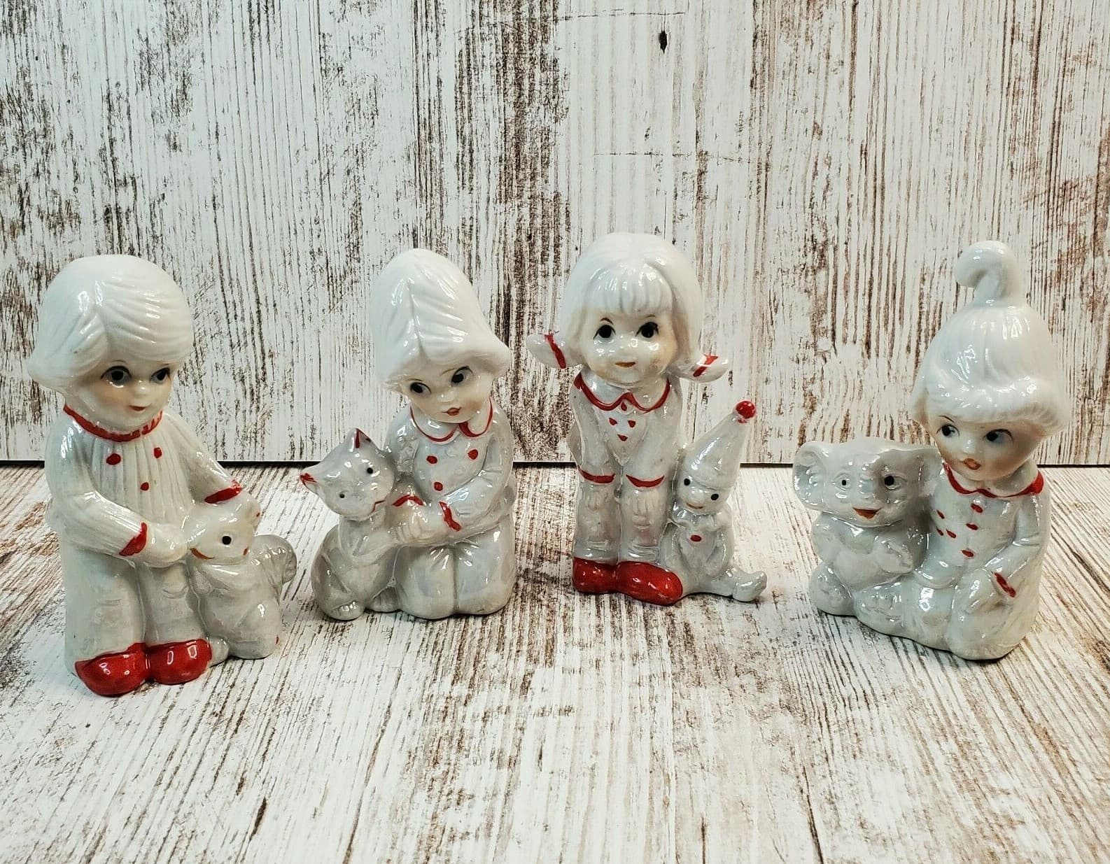 4 Vintage Crown Deville Red & White Lusterware Children with Toys Figurines