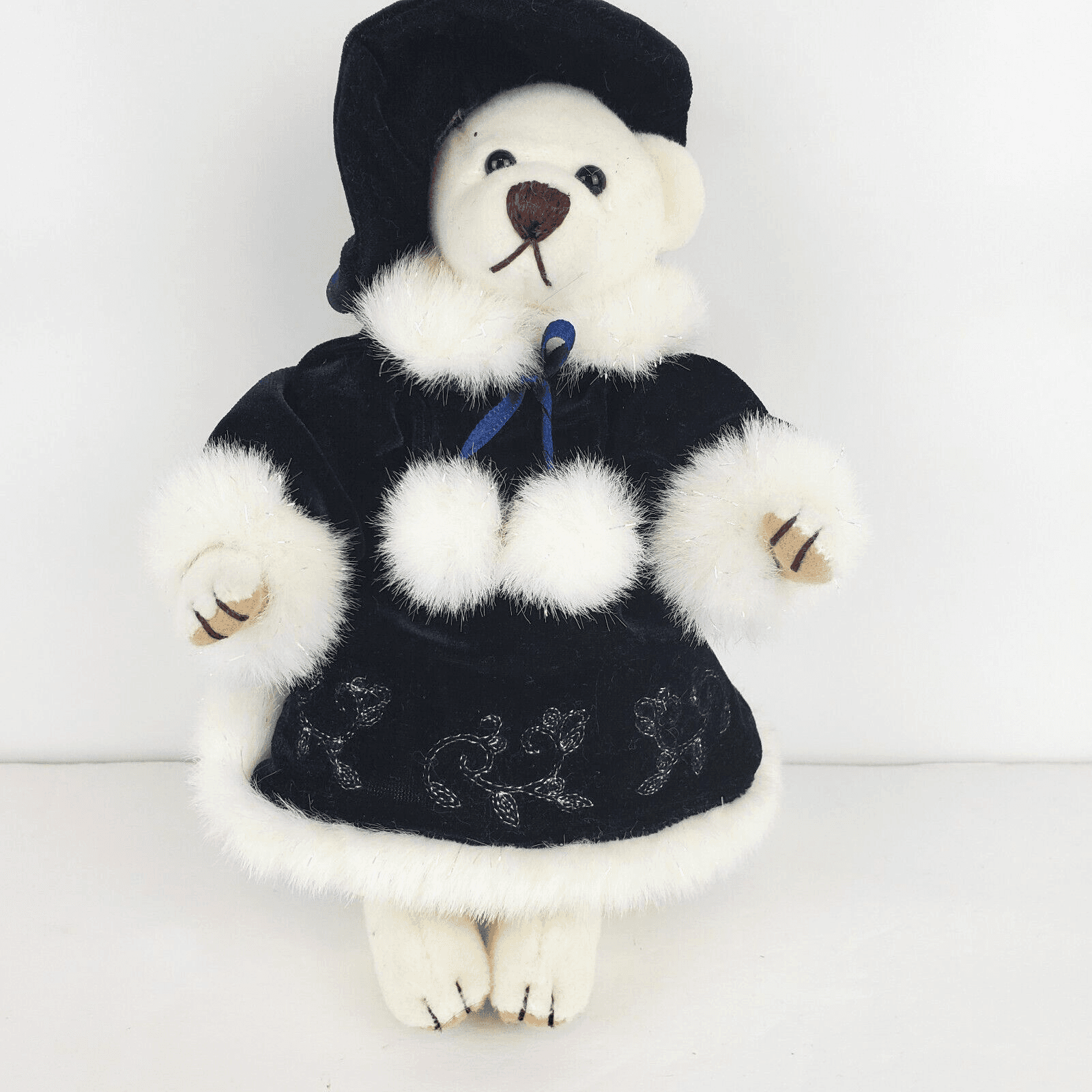 7” White Felted Plush Bear Navy Hat Velvet Dress Faux Fur Trim Bloomers NO TAGS