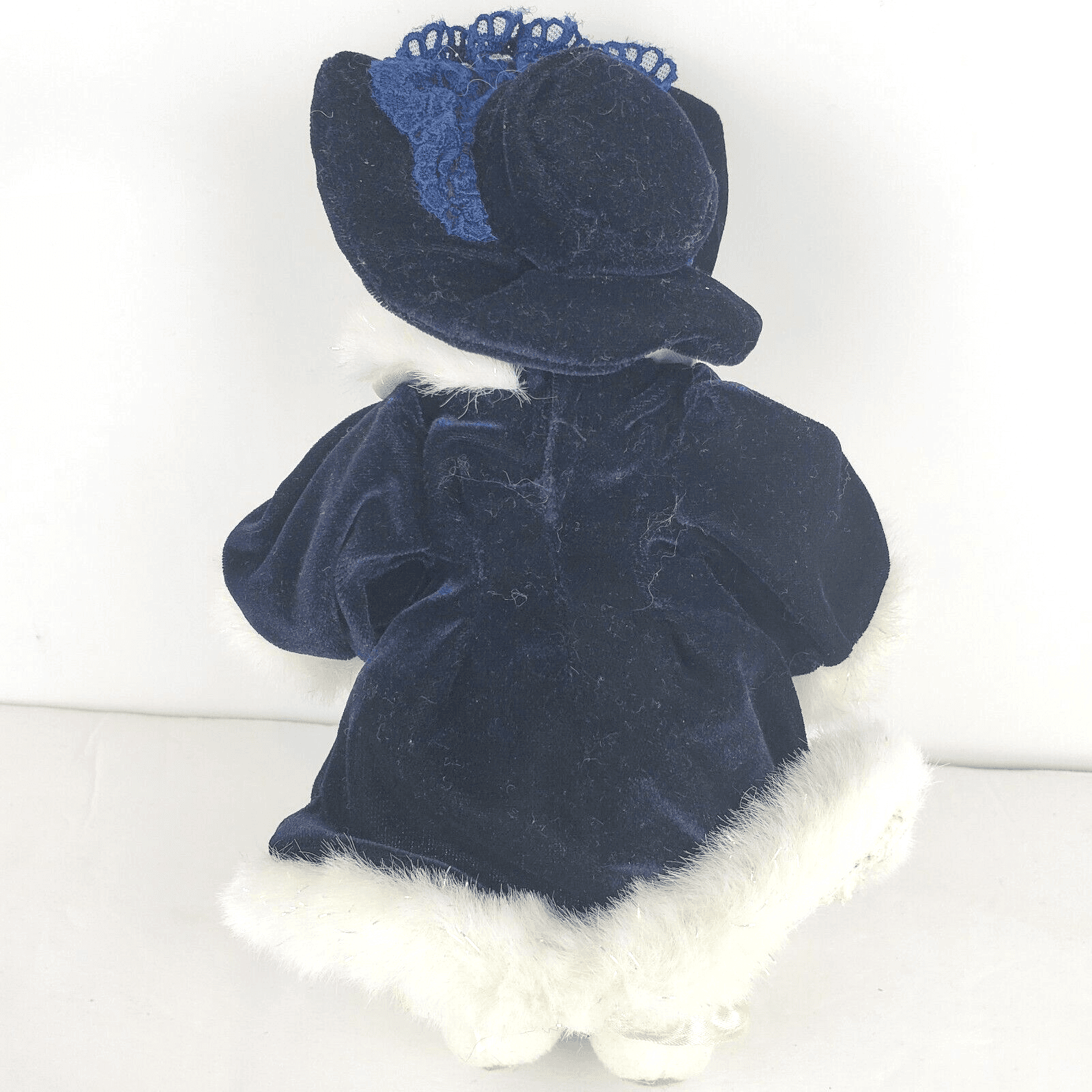 7” White Felted Plush Bear Navy Hat Velvet Dress Faux Fur Trim Bloomers NO TAGS - Thumbnail 6
