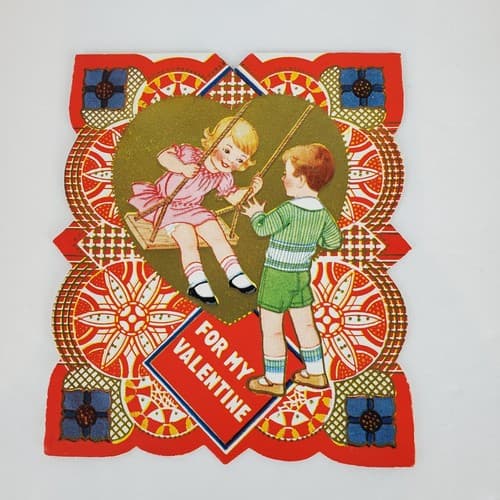 Vtg Valentine's Day Card Die Cut For My Valentine Girl Boy Swing Ephemera USA