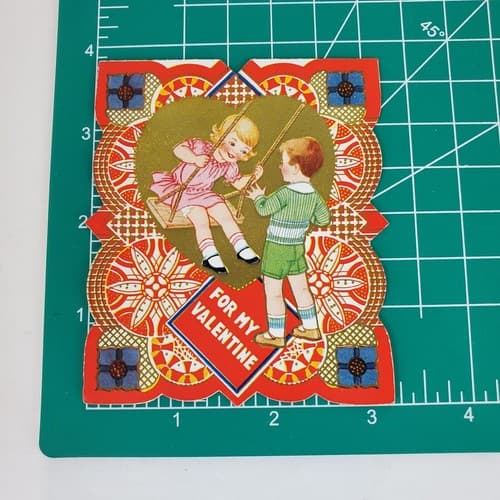 Vtg Valentine's Day Card Die Cut For My Valentine Girl Boy Swing Ephemera USA - Thumbnail 5