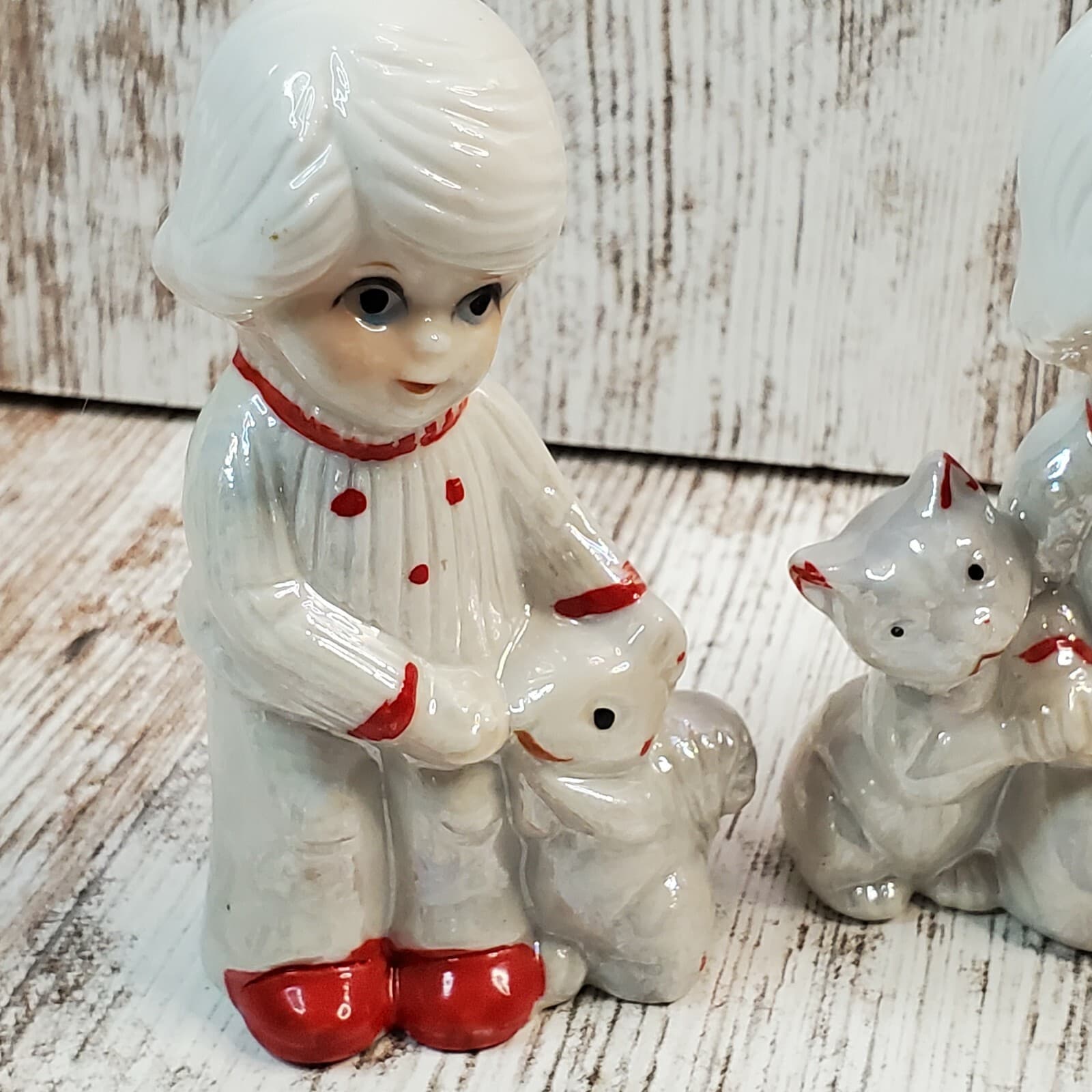 4 Vintage Crown Deville Red & White Lusterware Children with Toys Figurines - Thumbnail 2