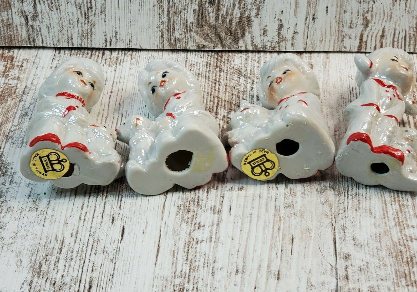 4 Vintage Crown Deville Red & White Lusterware Children with Toys Figurines - Thumbnail 9