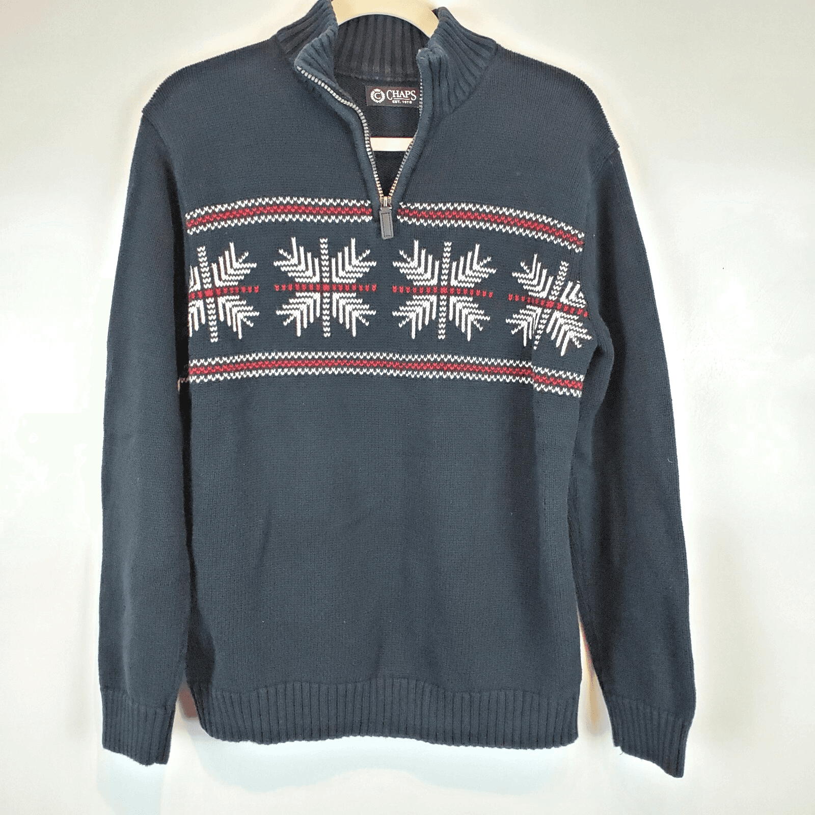 Mens Chaps 1/4 Zip Pull Over Sweater Navy Blue w White & Red Design Size Medium