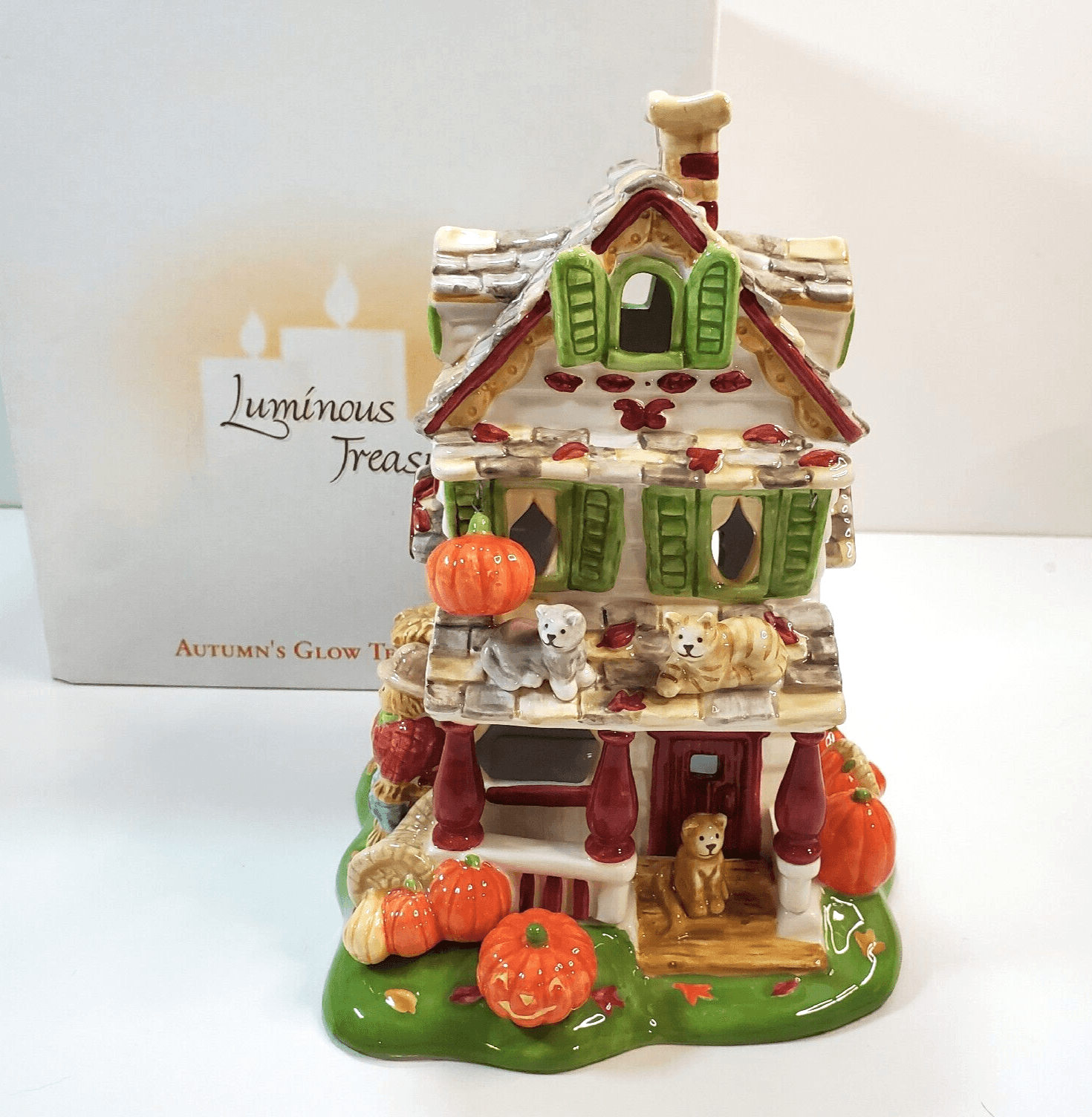 Avon 2002 Luminous Treasures Autumn's Glow Tealight House Harvest Theme Fall Cat