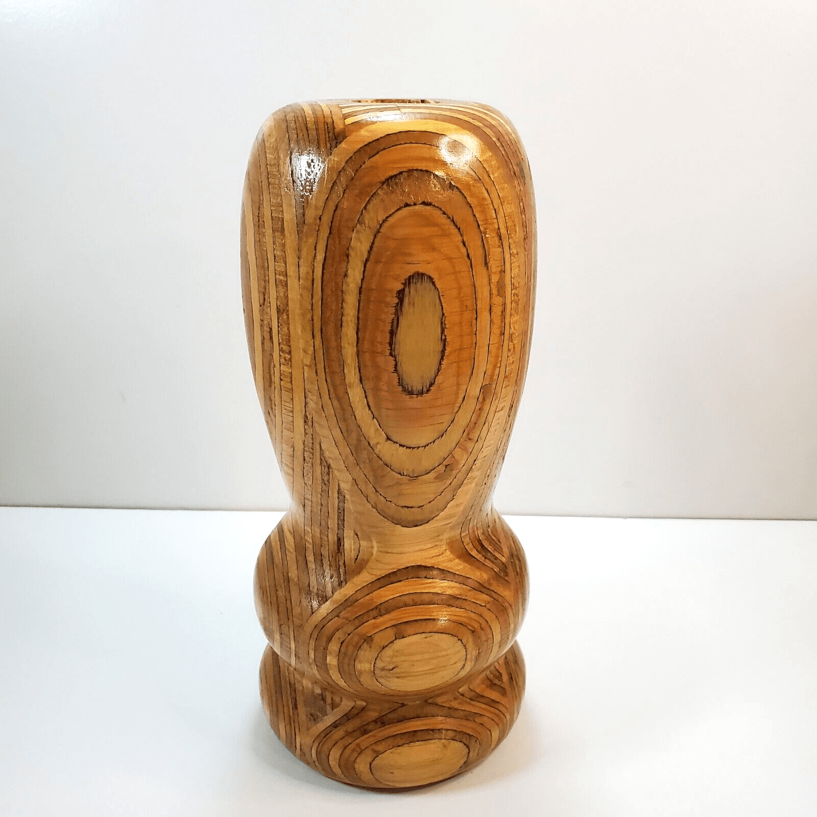 Vtg Chunky Mid Century Inlaid Wood Wooden Candle Holder Candlestick 10” Contrast