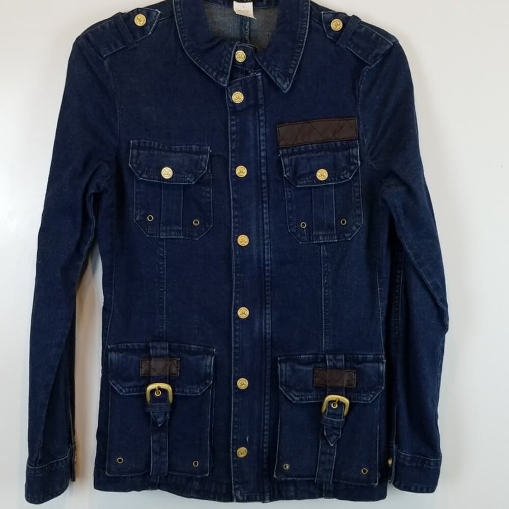 Miss Tina Full Zip Safari Style Jean Jacket Faux Leather Snaps Pockets Size 2