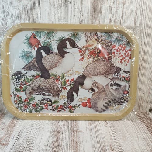 Vintage Tin Serving Tray "Preparing for Winter" 15.5" x 11" Animal Holiday Decor