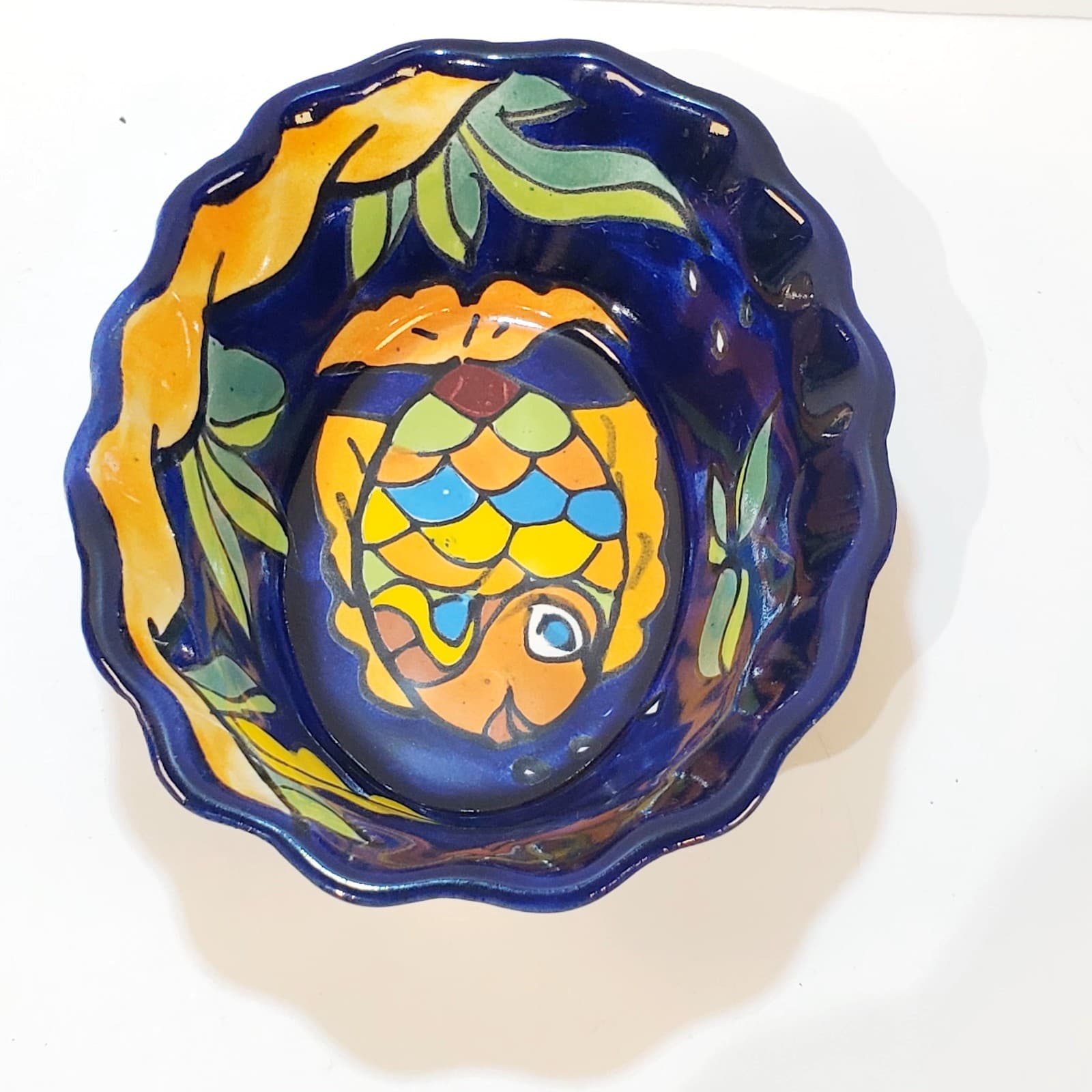 Colorful Hand Painted Fish Mexican Pottery Folk Art Scalloped Oval Bowl Dish - Thumbnail 3