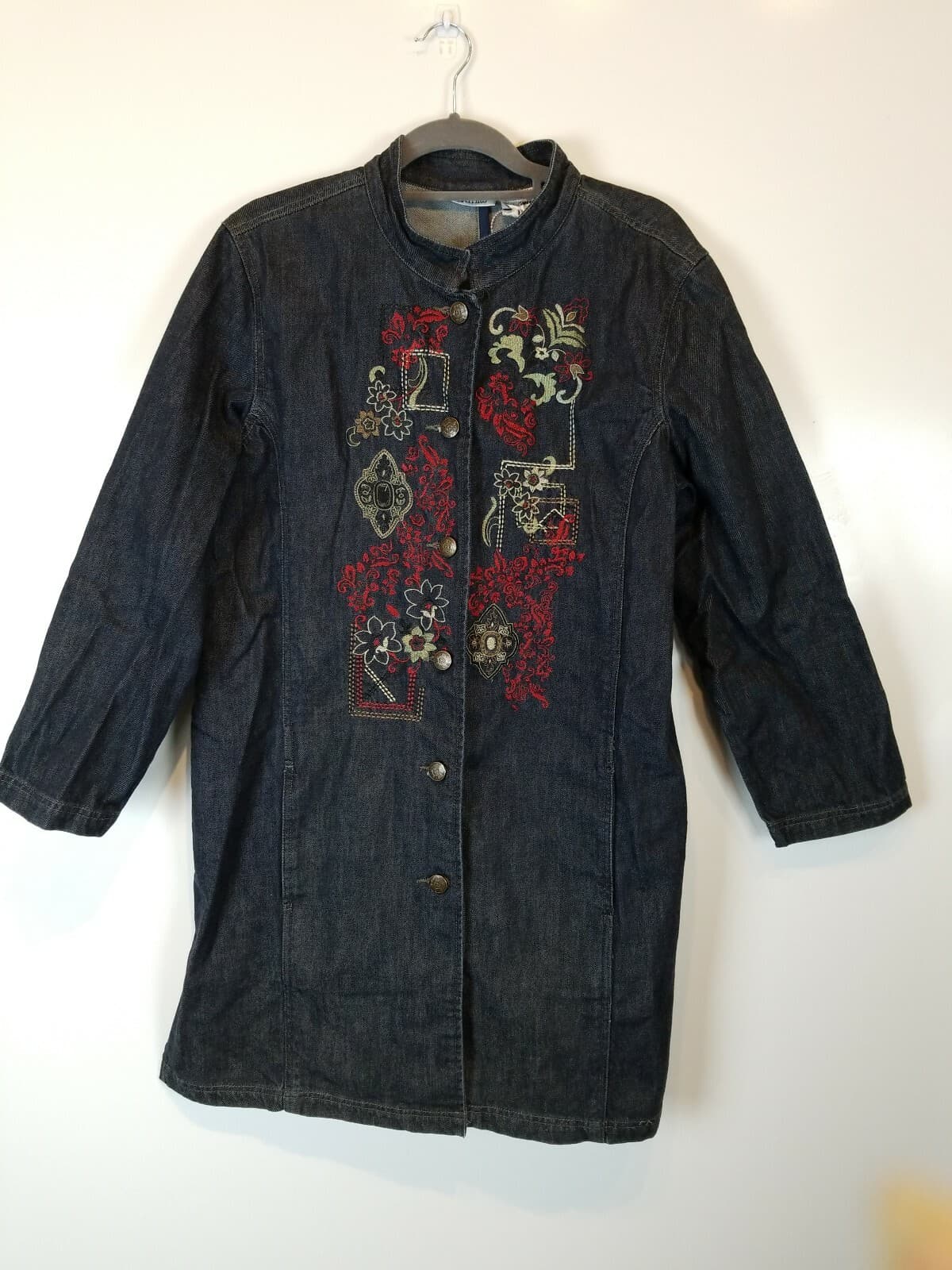 Units Dark Denim Lagenlook Coat Size Extra Large Embroidered 100% Cotton