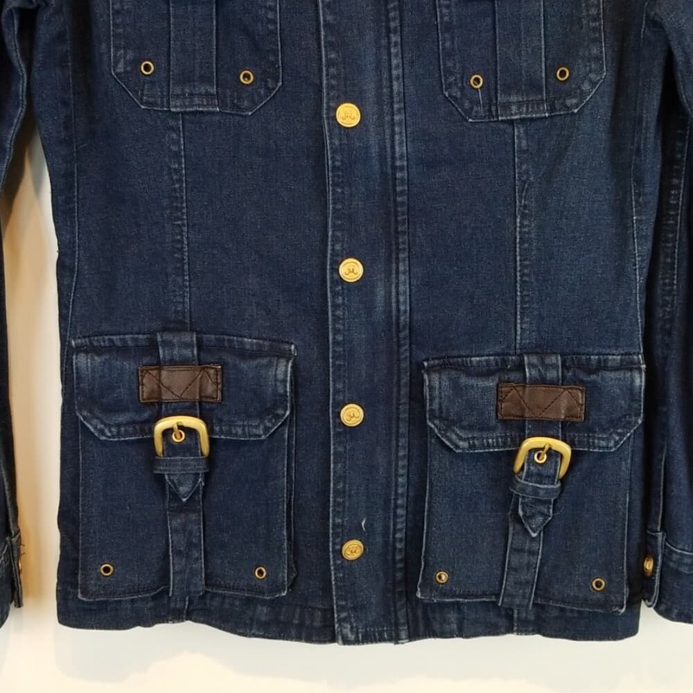 Miss Tina Full Zip Safari Style Jean Jacket Faux Leather Snaps Pockets Size 2 - Thumbnail 3