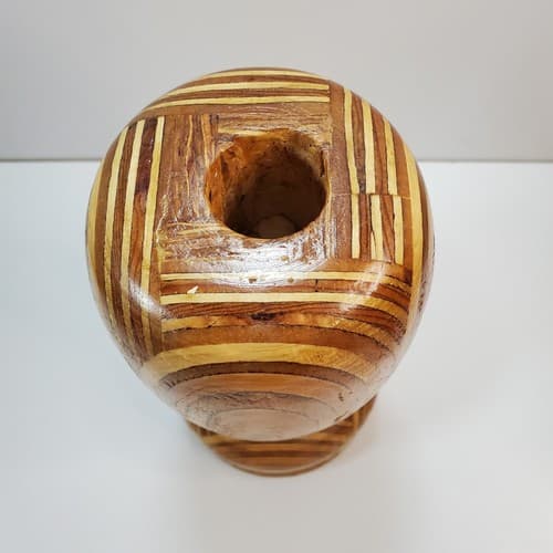 Vtg Chunky Mid Century Inlaid Wood Wooden Candle Holder Candlestick 10” Contrast - Thumbnail 3