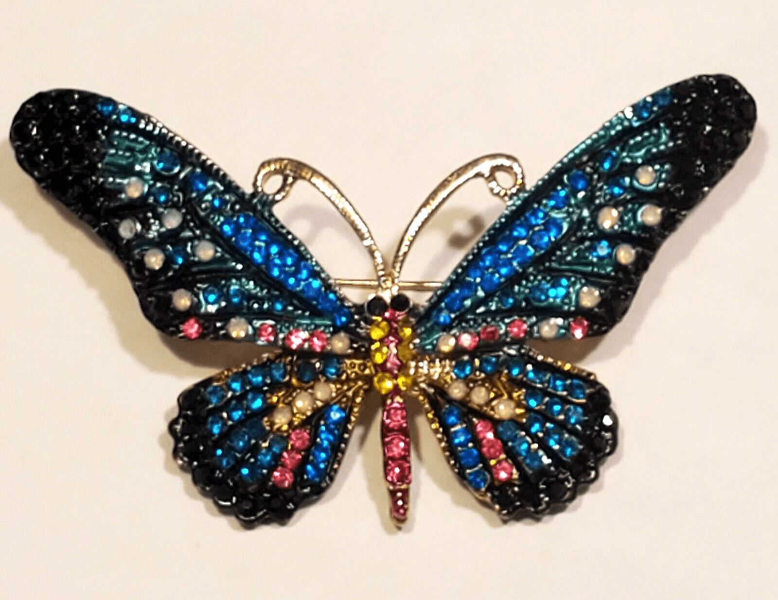 Gold Tone Metal Multicolor Encrusted Rhinestone Butterfly Brooch Pin Sparkle
