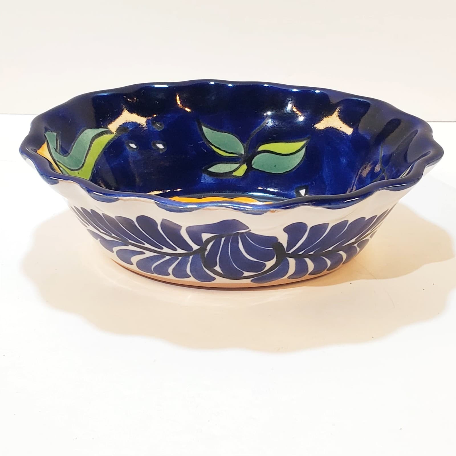Colorful Hand Painted Fish Mexican Pottery Folk Art Scalloped Oval Bowl Dish - Thumbnail 2