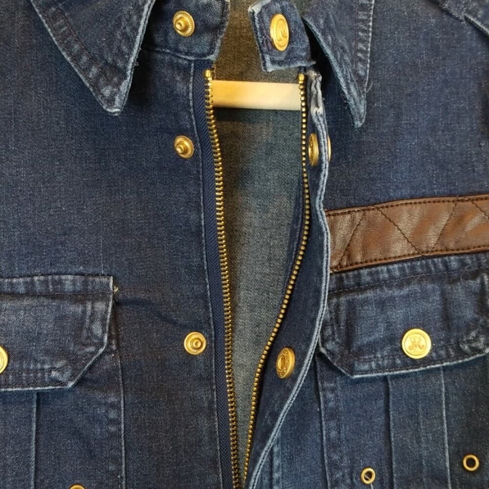 Miss Tina Full Zip Safari Style Jean Jacket Faux Leather Snaps Pockets Size 2 - Thumbnail 7