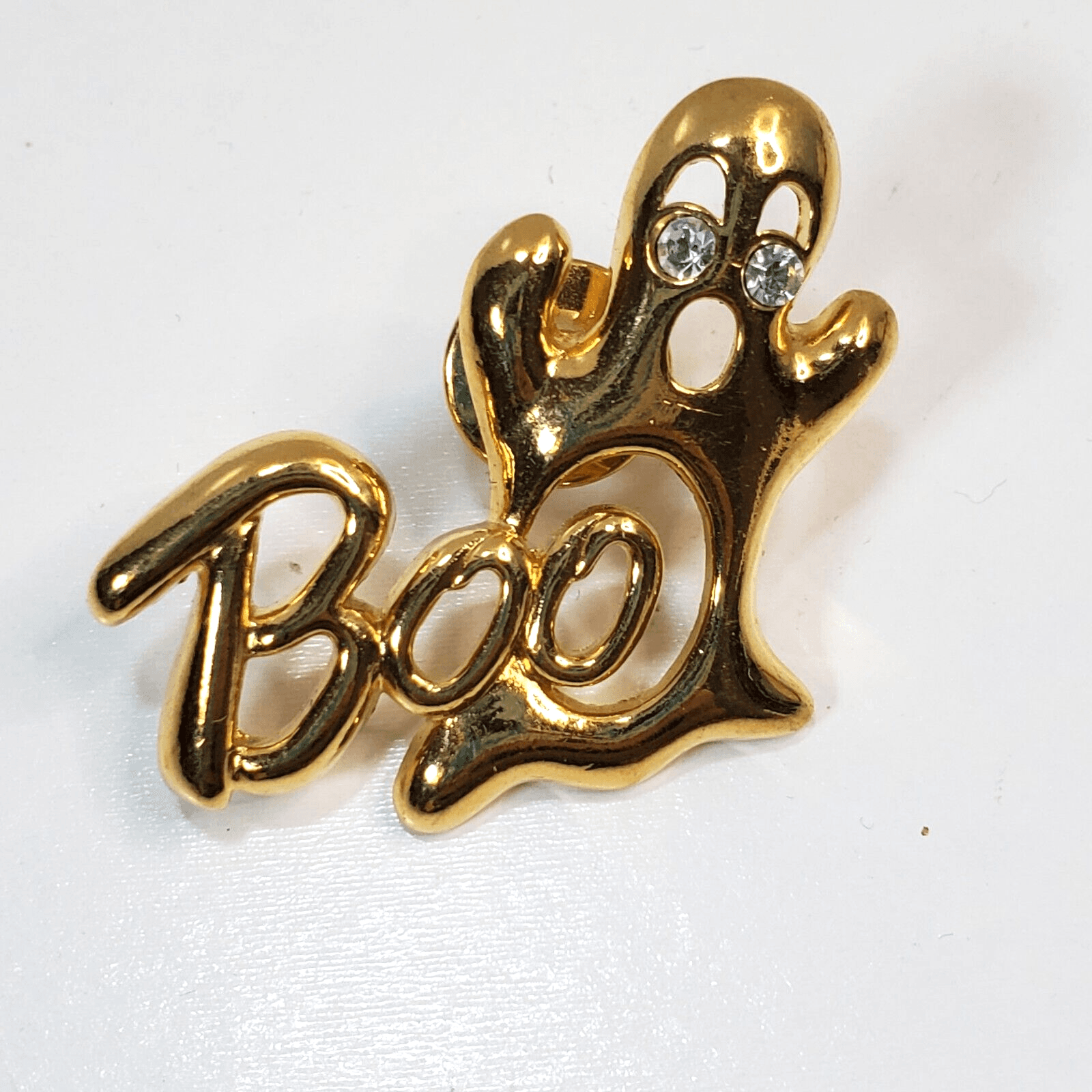 BOO Halloween Gold Tone And Clear Rhinestones Ghost Lapel Hat Tie Tack Pin