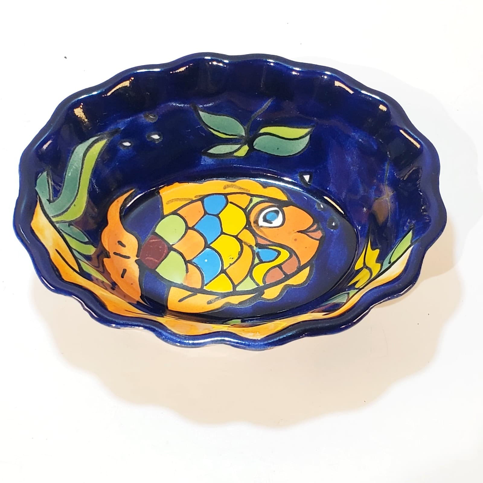 Colorful Hand Painted Fish Mexican Pottery Folk Art Scalloped Oval Bowl Dish