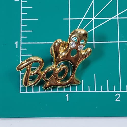 BOO Halloween Gold Tone And Clear Rhinestones Ghost Lapel Hat Tie Tack Pin - Thumbnail 3