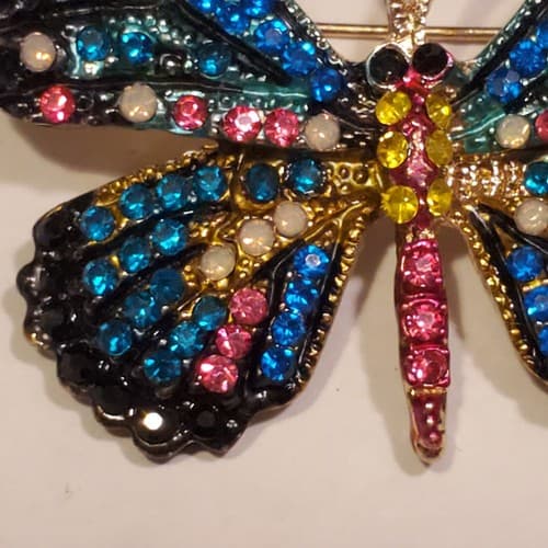 Gold Tone Metal Multicolor Encrusted Rhinestone Butterfly Brooch Pin Sparkle - Thumbnail 4