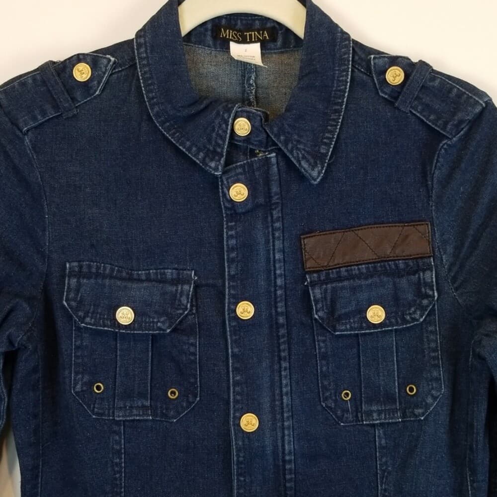 Miss Tina Full Zip Safari Style Jean Jacket Faux Leather Snaps Pockets Size 2 - Thumbnail 2