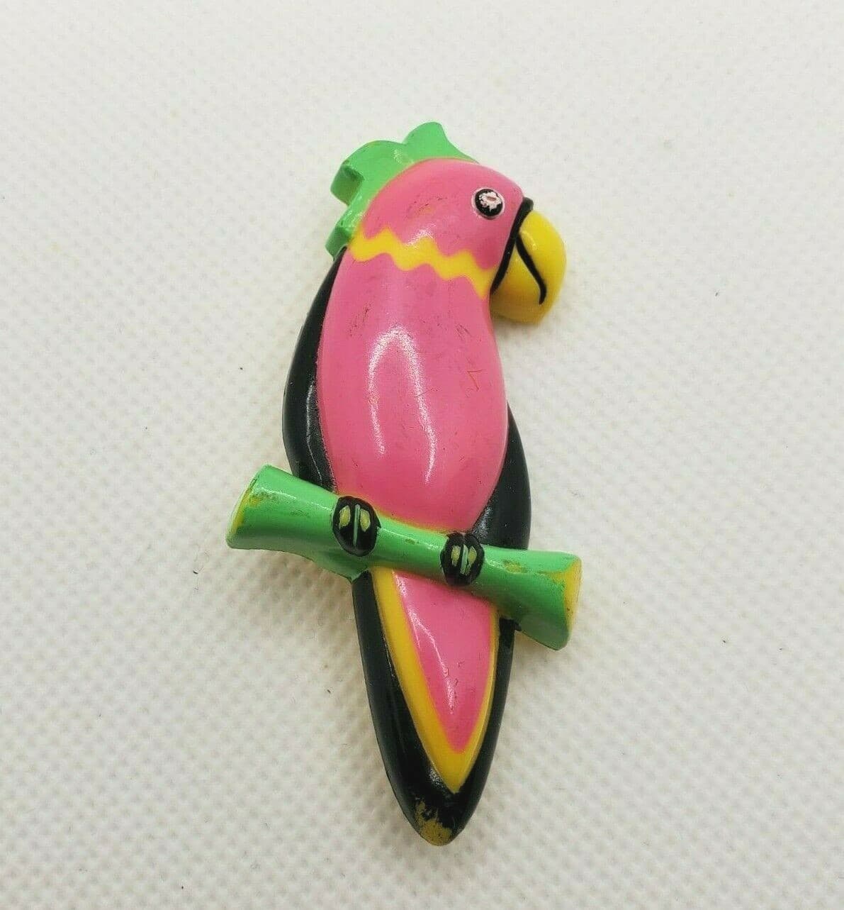 Vintage Pink Painted Plastic Tropical Bird Parrot Animal Figural Brooch Pin