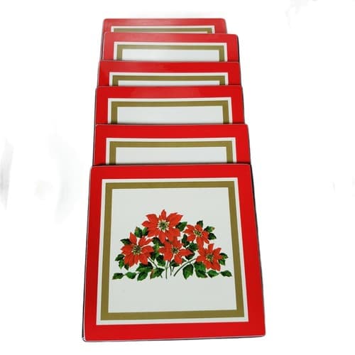 Vintage Taiwan Christmas Poinsettia Holiday Cork Back Coasters Wood Box Barware - Thumbnail 2