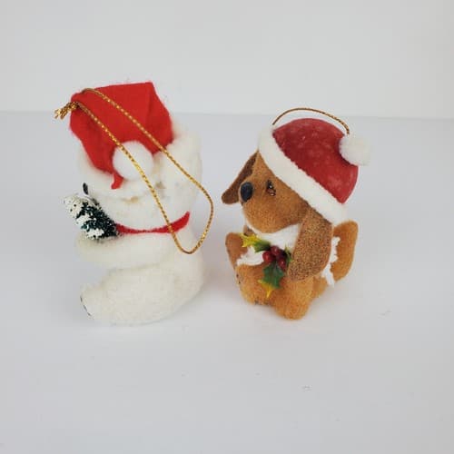 2 Vtg Morgan Inc Duffy Dog and Frosty Bear Flocked Christmas Ornaments Hong Kong - Thumbnail 4
