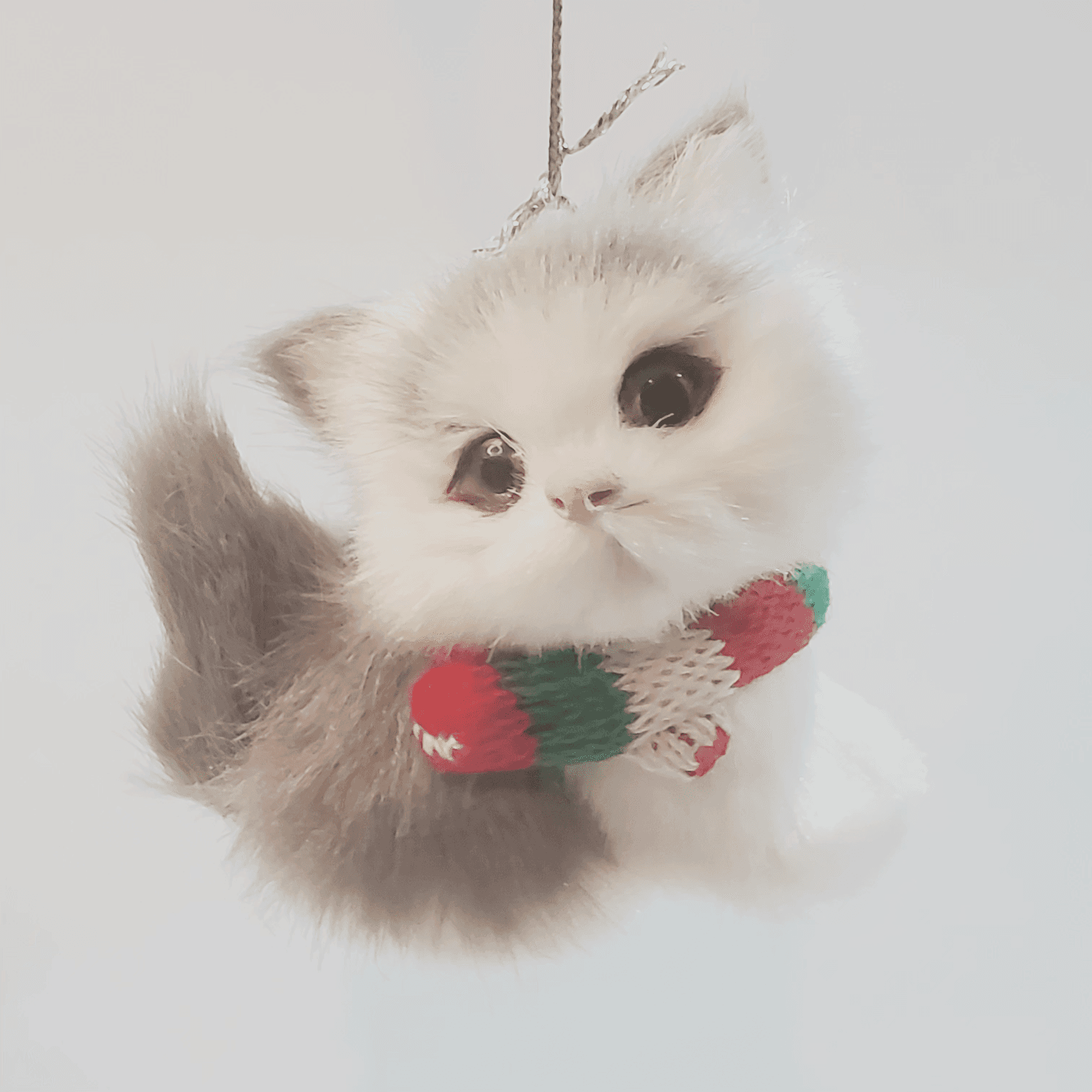Faux Fur Kitten Miniature Christmas Ornament Cat Kitten Glass Eyes Gray & White